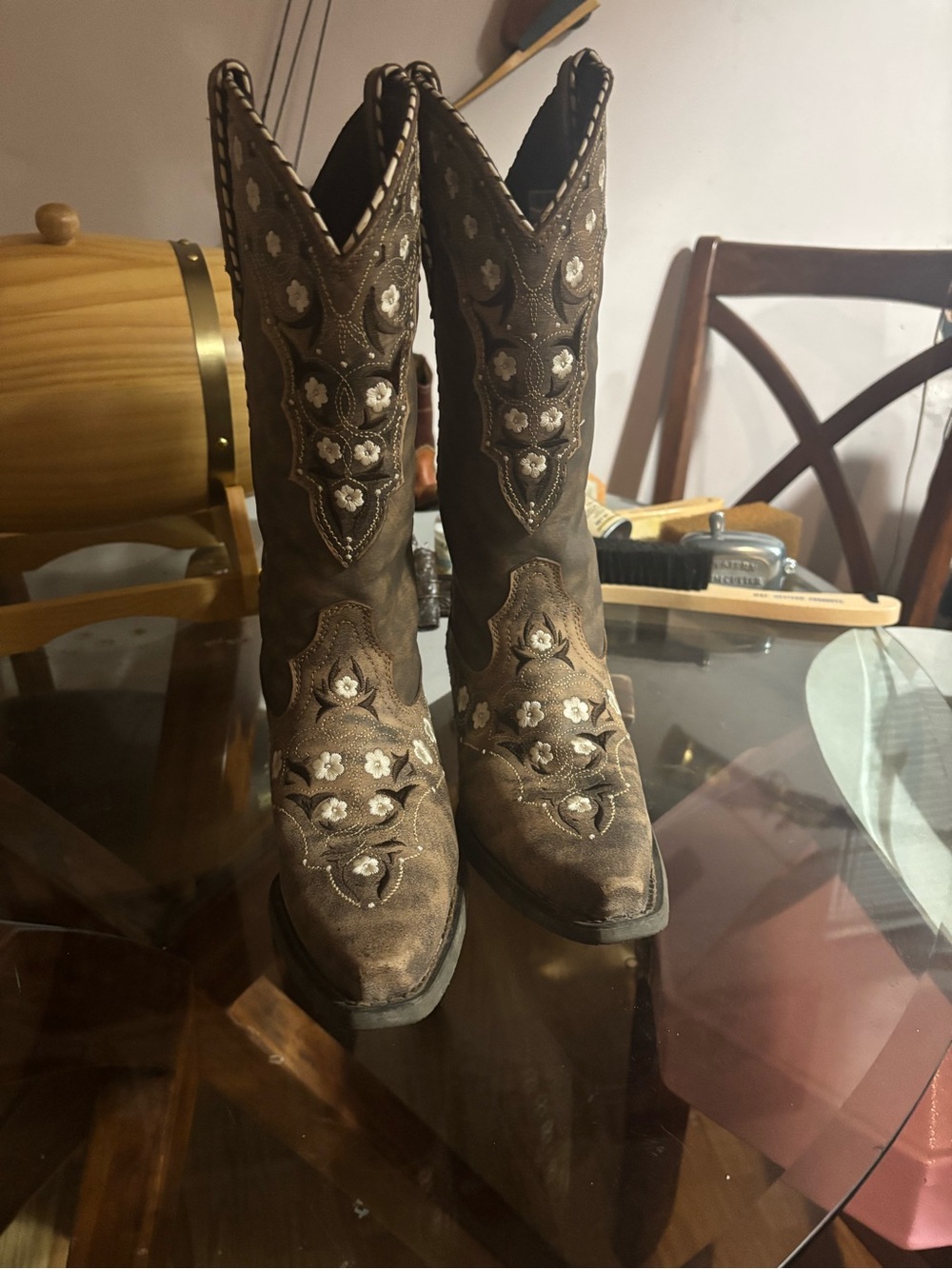 Durango Brown Lace-Up Western Boots with Cream Floral Embroidery